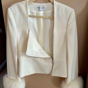 Renlin Real Fox Fur Cuffs Ivory Top Jacket Blazer 12 Lined Zipper Soft